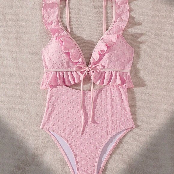 Pink Cute Women's Beach Vacation Jacquard Ruffle Trim One-Piece Swimsuit - Picture 8 of 8